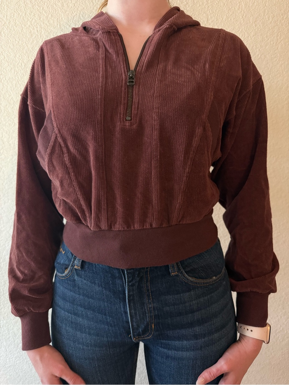 Cropped Corduroy Half-Zip Hoodie in Deep Brown